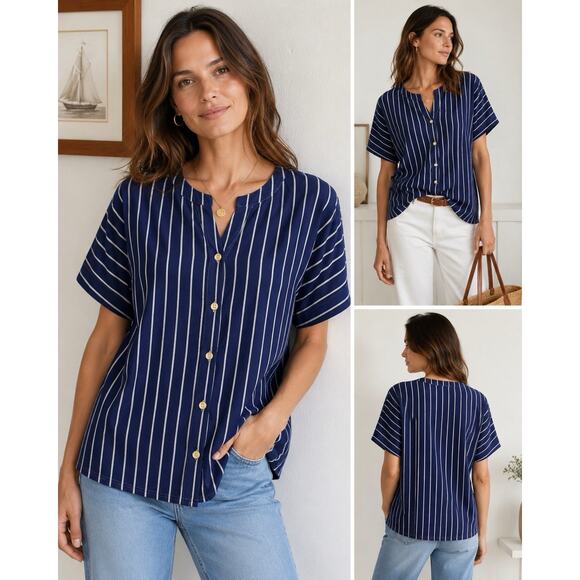 Lands' End Tops - Vtg Lands’ End Blue White Striped Button Front Top W 14/16 Cotton Old Money Chic